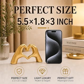 SANTA CASA Small Gold Heart Hands Sculpture, Gold Tone Desktop Art Statue