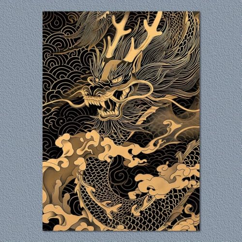 Toile dragon noir et doré style chinois déco classique chic - 2