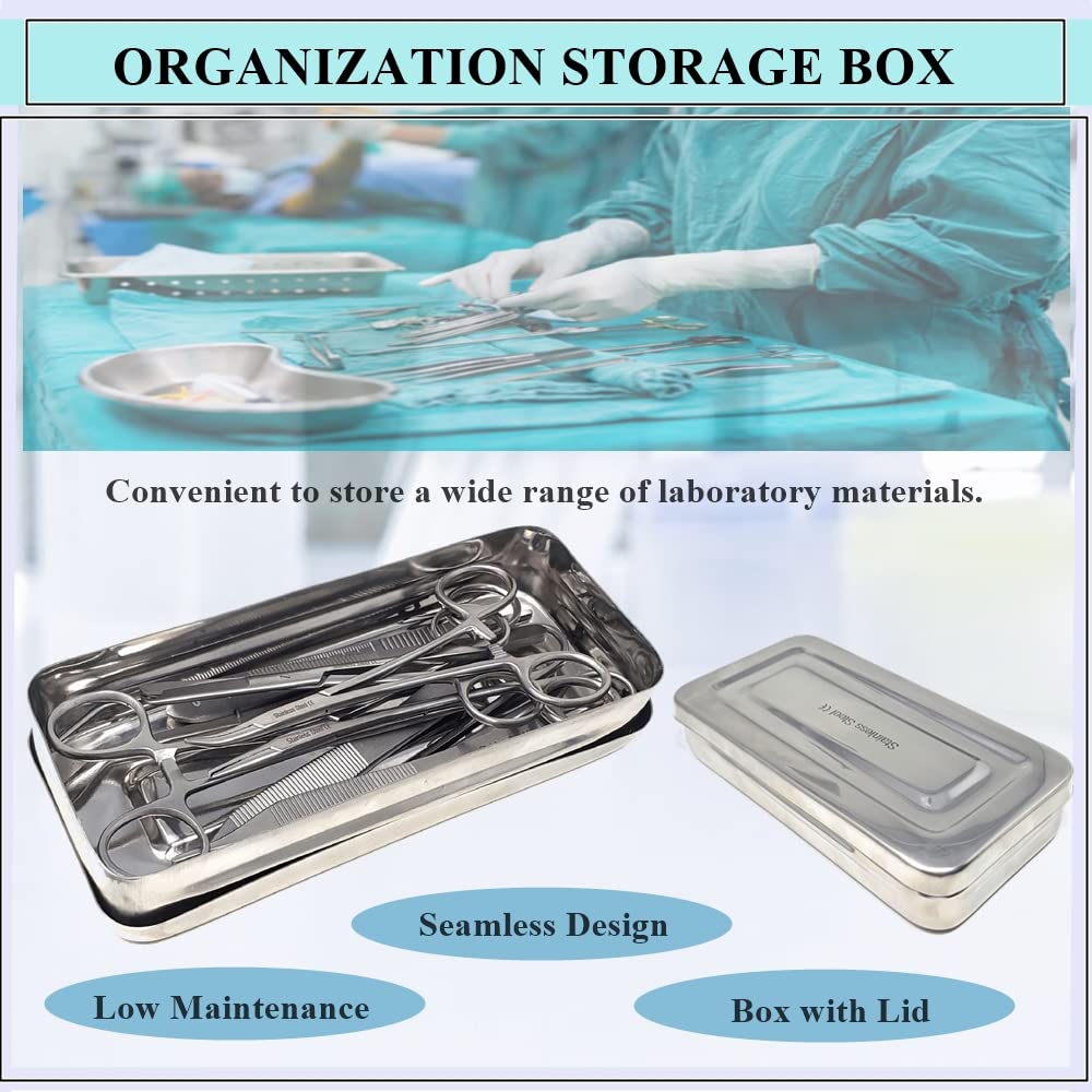 HIGH TECH INSTRUMENTS Stainless Steel Instrument Box with Lid Tray Organizer For Storage and Sterilization Surgical Lab Instrument Supplies Multipurpose Container (8L x 4W x 1.5H)
