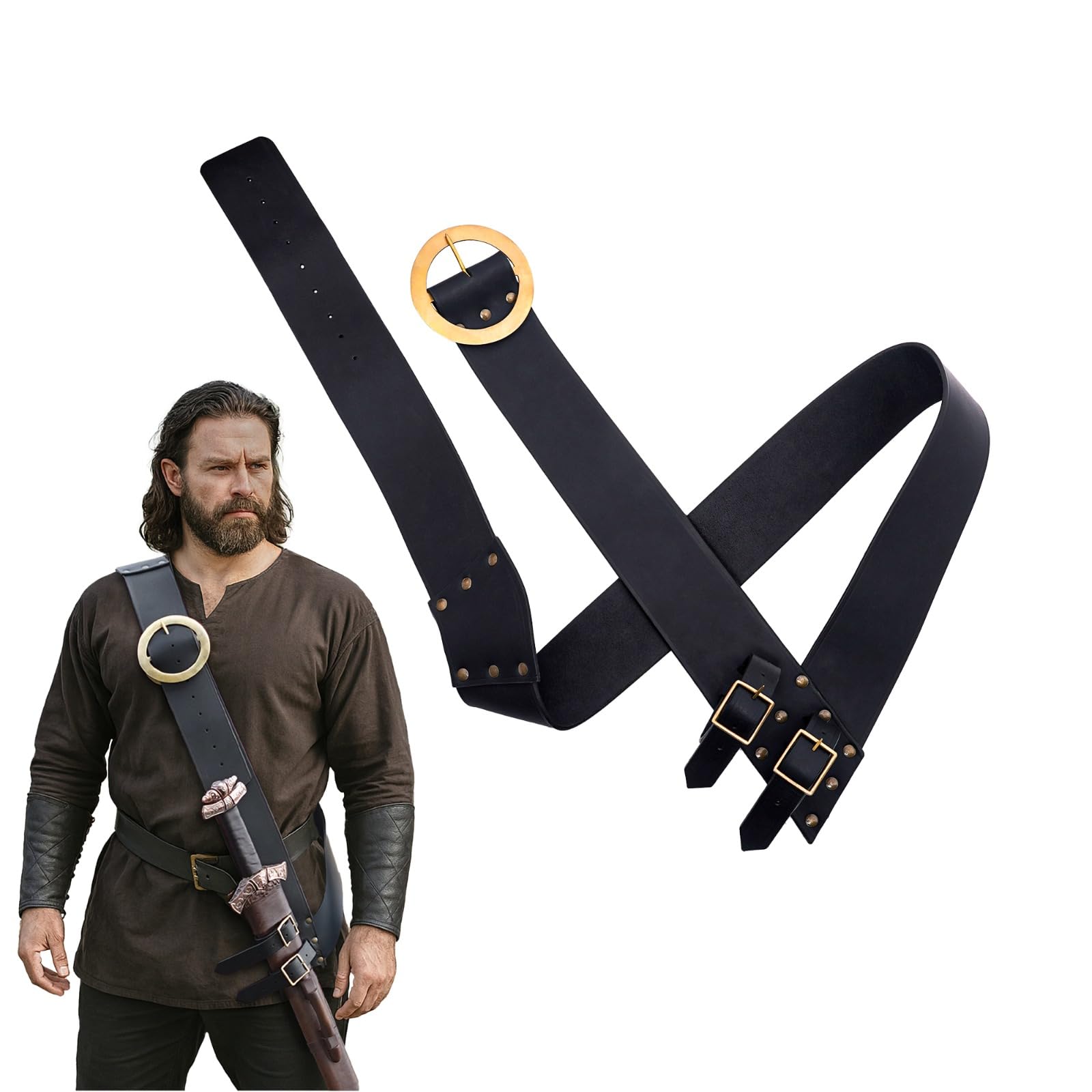 Lord Of Battles Unisex Baldric Belt - Black Pirate Leather Belt With Sword Hanger Baldric Sword Hanging Belt Handcrafted From Genuine Buff Leather, 187.5 Cm