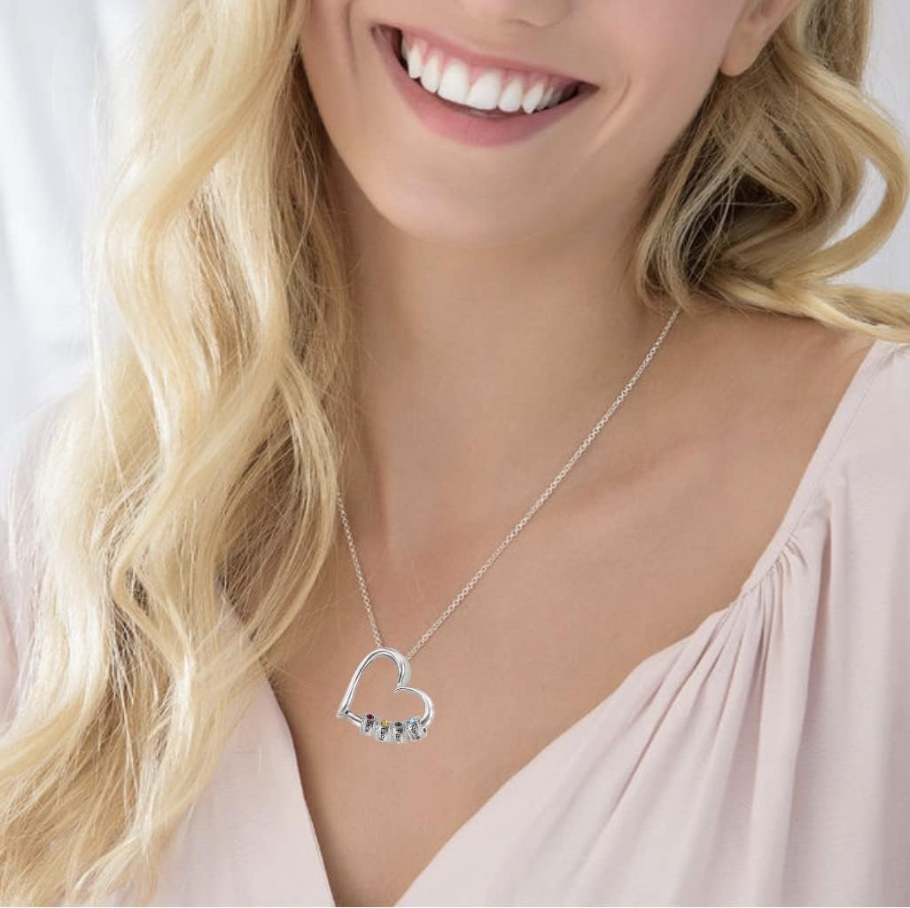 Personalized Heart Birthstone Name Beads Necklace for Women, Custom 1-5 Name Engraved Mom Necklace with Bead Charms on it , Mothers Day Jewelry Gifts With Birthstones,Anniversary Grandma Necklace for Her