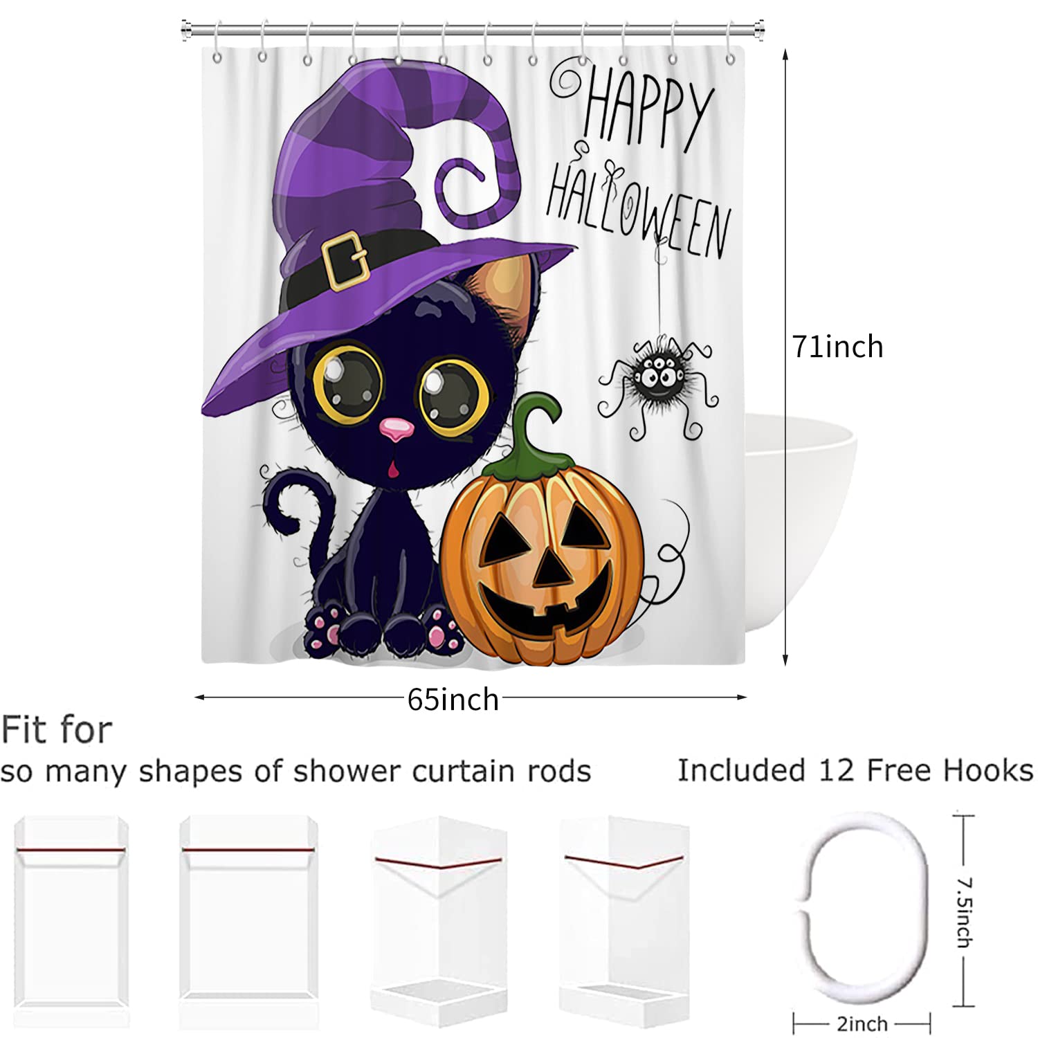 Tenda da doccia Halloween 165x180, divertente gatto nero strega cappello ragno fantasma zucca bambini vacanza tenda da bagno impermeabile poliestere tessuto lavabile tenda da bagno con ganci