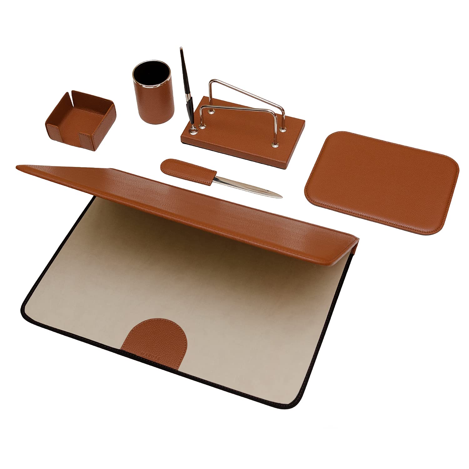 Set da Scrivania 6 Pezzi - 100% Pelle Pieno Fiore - Fatto a Mano in Italia da Esperti Artigiani - Elegante e Funzionale, ideale per l'Ufficio - Cognac