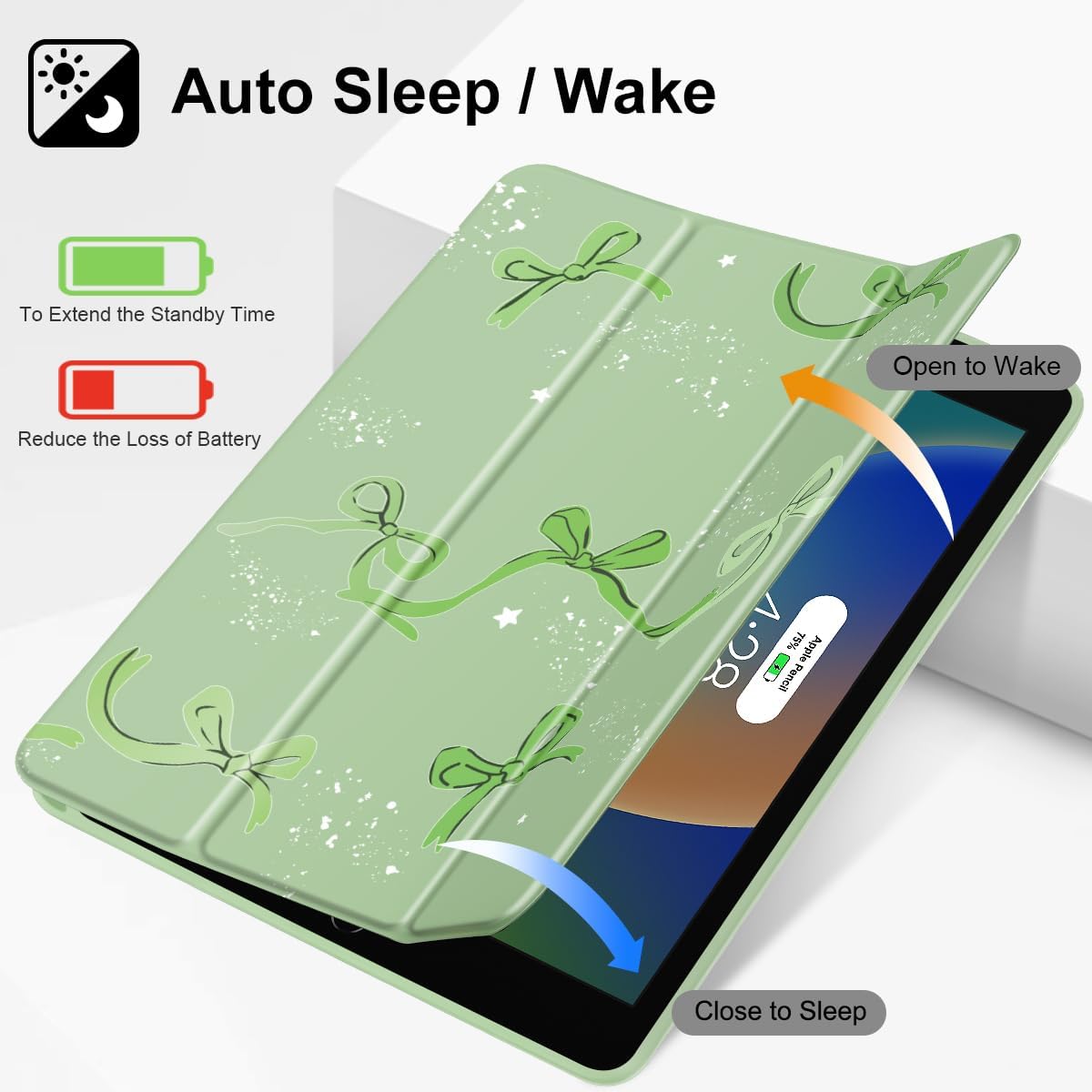 Tuiklol Case for iPad 10.2 Inch 2021 2020 2018 Release 9th / 8th / 7th Generation, Built-in Pencil Holder TPU Protective Stand Back Cover Trifold Stand-Auto Wake/Sleep, Bow-Green