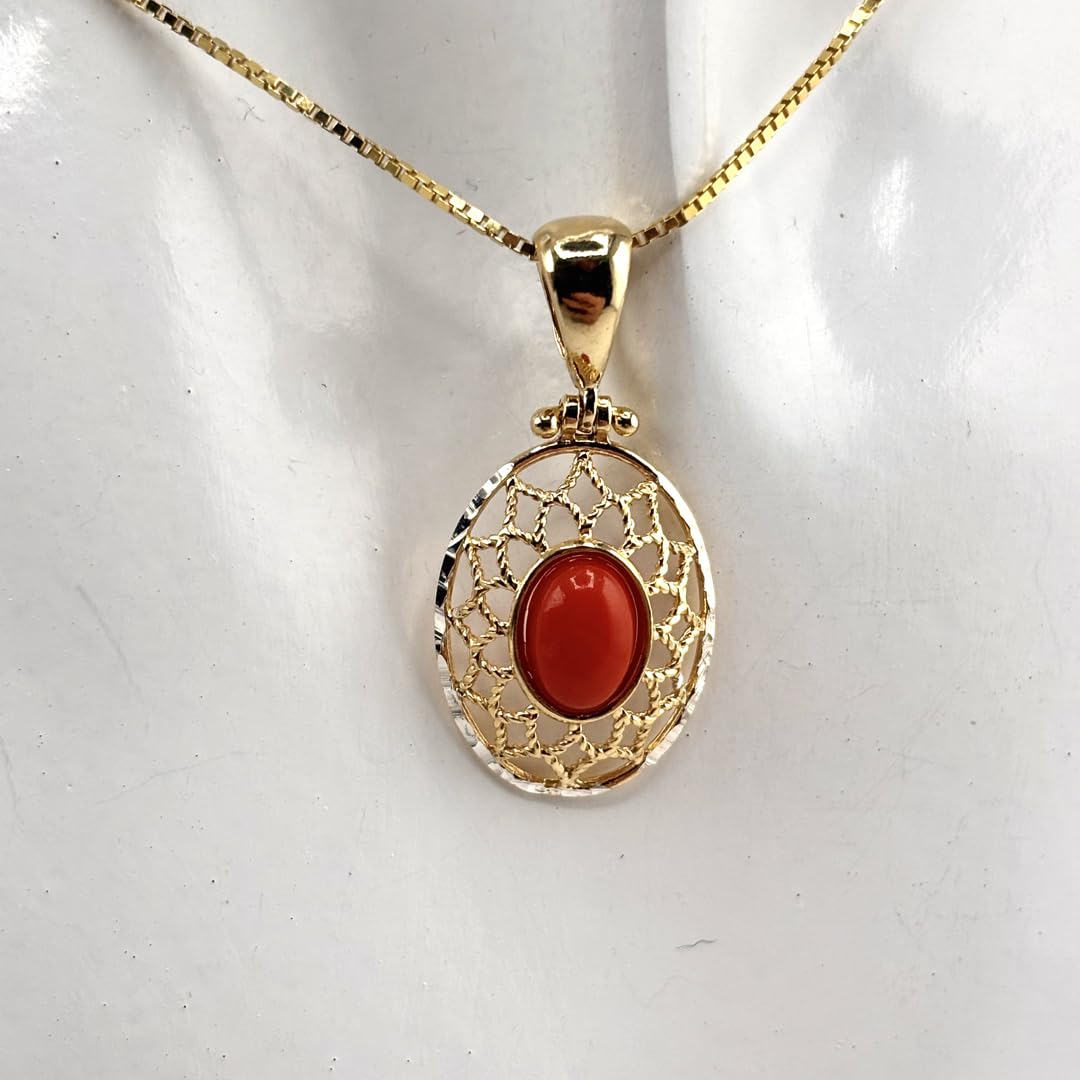 Ciondolo elegante in argento 925 dorato filigrana con corallo rosso naturale del Mediterraneo catenina veneziana 45 cm gioiello donna ragazza elegante artigianale