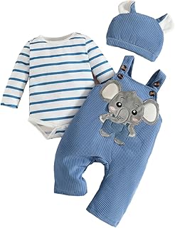 LUVCES Ropa de Bebé Recién Nacidos Manga Larga Pelele de Rayas + Mono Pantalones con Tirantes y Dibujos de Animales + Gorr...