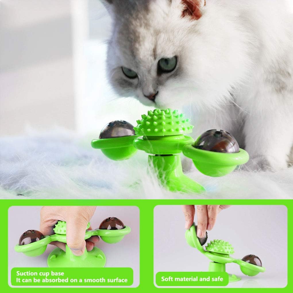 Fuovt Windmill Cat Toy, Interactive cat Catnip Toy with Bell and Catnip Ball, Cat Turntable Teasing Interactive Toy, Massage Scratching Tickle (Green)