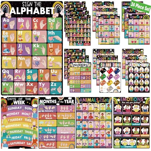 Image of YIYDONG 24 ASL Posters America Sign Language Posters for Classroom ASL Education Charts for Toddlers Kids Students Classroom Decor (Black)