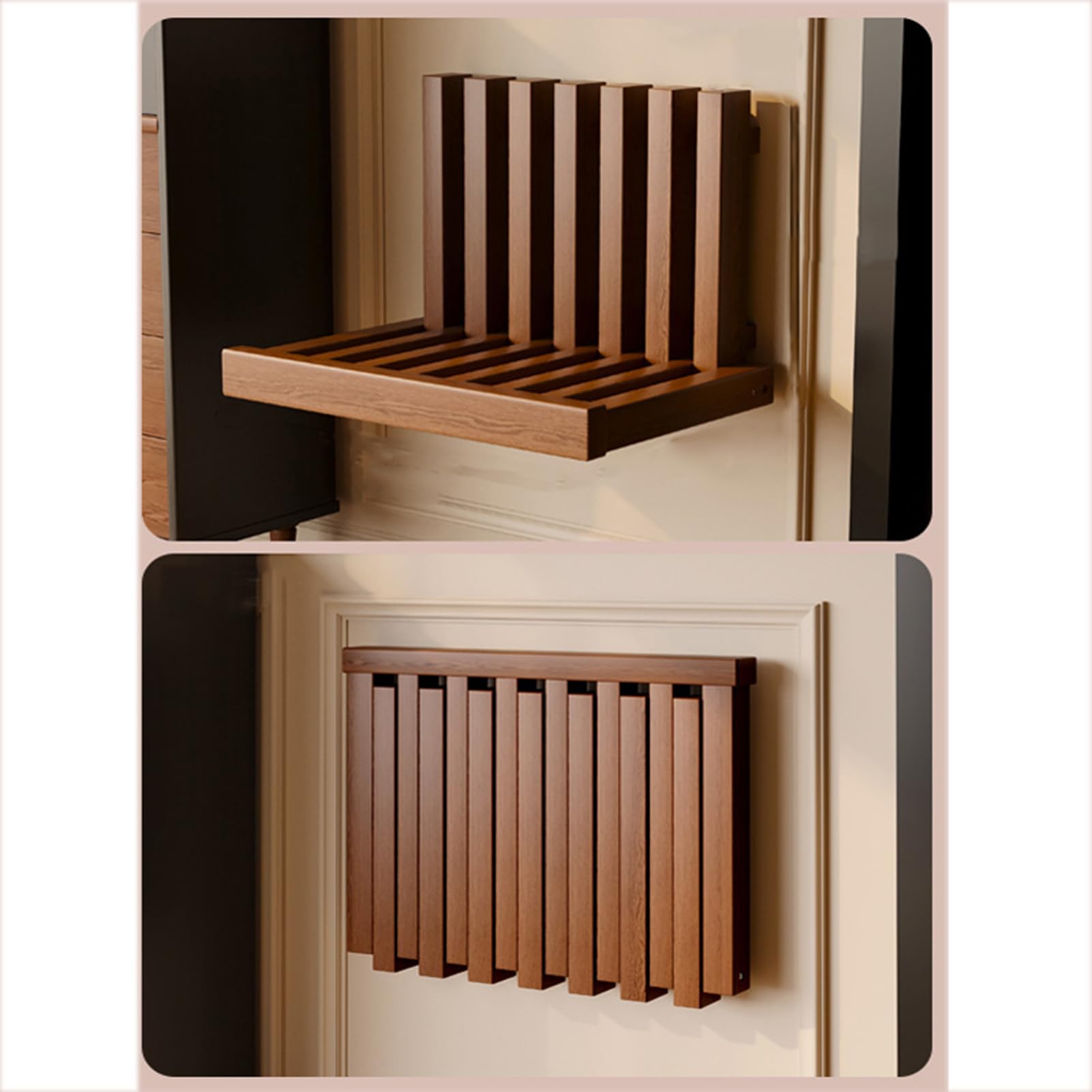 SLDAGe Folding Wooden Shower Bench Seat, Wall-Mounted Foldable Chair for Hallway, Bathroom, Kitchen,Brown