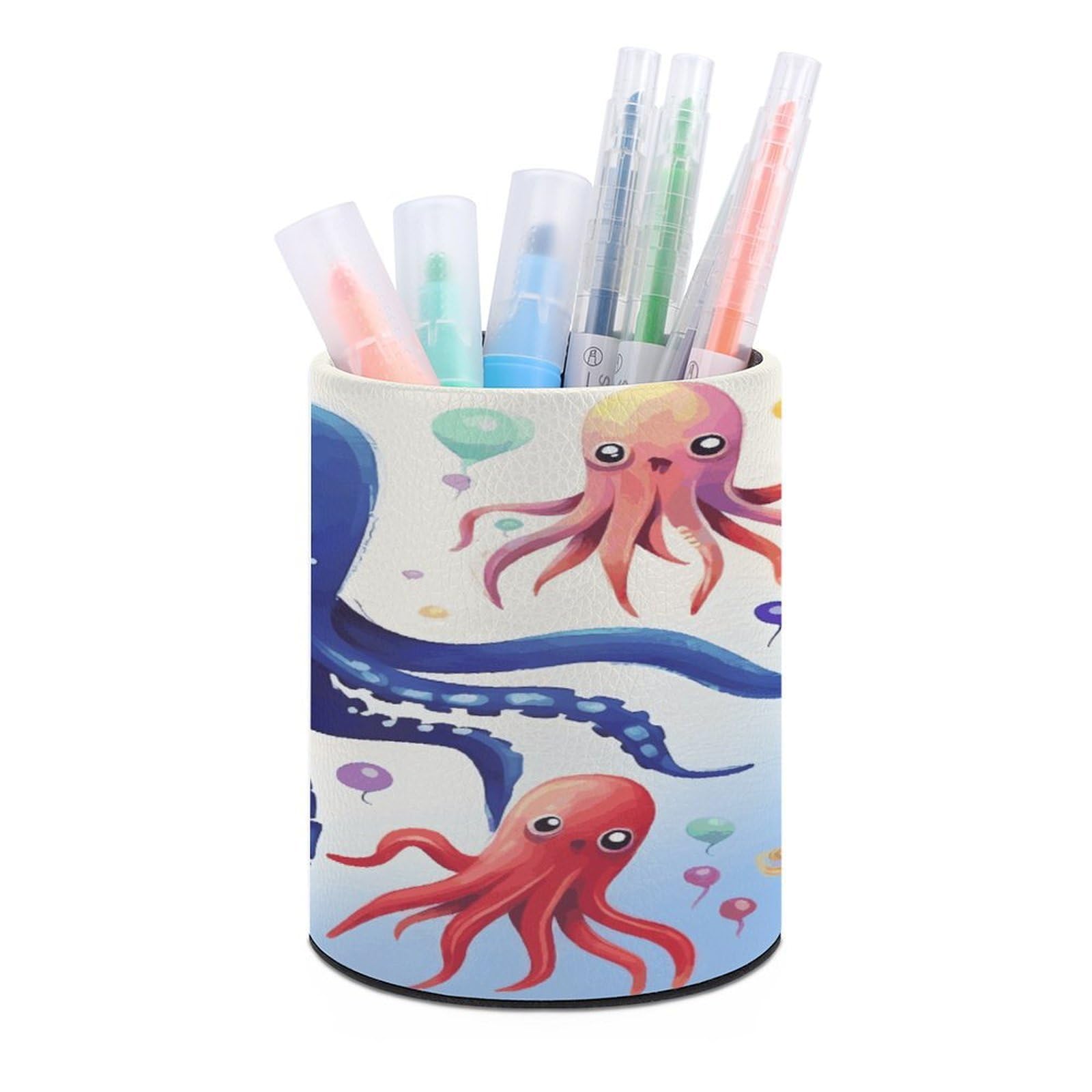 JTREHY Colorful Squid Octopus Pen Holder Round Pen Pencil Holder Makeup Brush Holders Cup PU Leather Pencil Cups Desktop Caddy Stationery Organizer Case Office Accessories Container Box