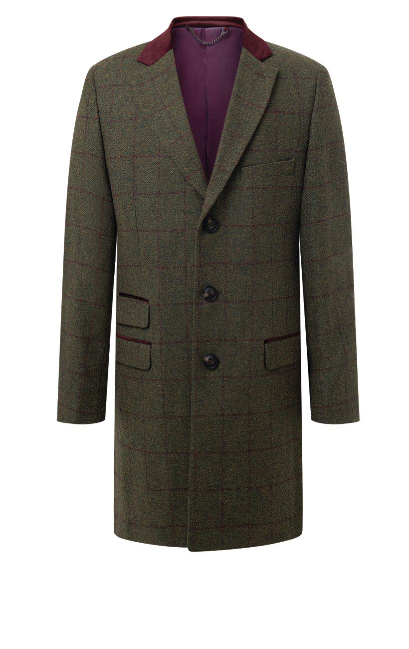 Dobell Mens Green Tweed Overcoat Regular Fit Windowpane Check Velvet Trims-3XL