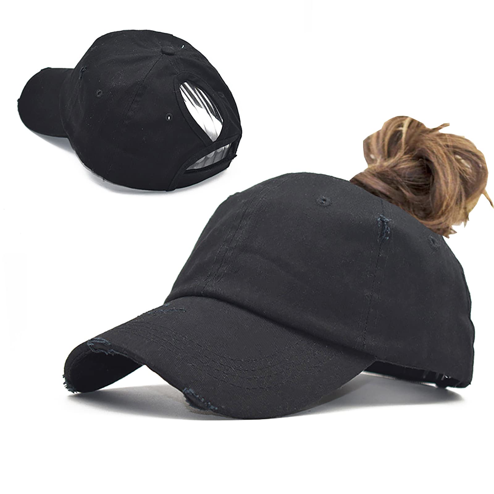 Inogih Women's Black Distressed High Bun Ponycaps Baseball-Hat Girls Cotton Ponytail Baseball-Cap Adjustable - L