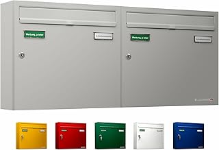 AL Briefkastensysteme Basic 2er Briefkasten RAL 9006 Weiß Aluminium Silber Edelstahl-farbig 2 Fach DIN A4 wetterfest Briefkastenanlage mit Posthaltebügel und 2 Namensschildern