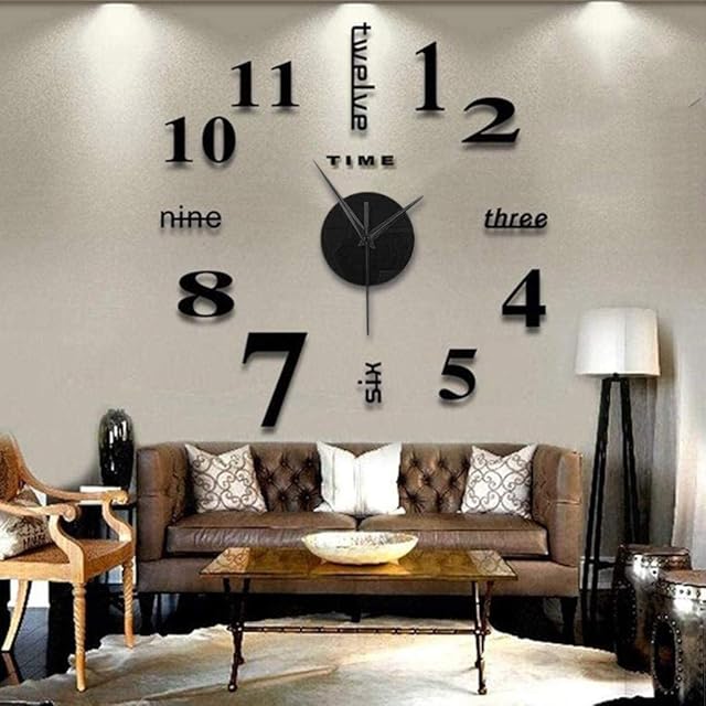 Large Wall Clock, Modern 3D Stick on Wall Clock, Frameless DIY Wall Mute Clock 3D Mirror Surface Sticker for Living Room Kitchen Bedroom Office Home Decor, Acrylic Digital Clock (19.68*19.68in, Black)