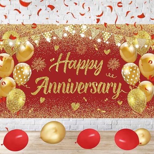 Image of Wedding Anniversary Banner Red Gold Happy Decorations for Women Men Party, Indoor Outdoor Decor Supplies 71 * 43 Inch
