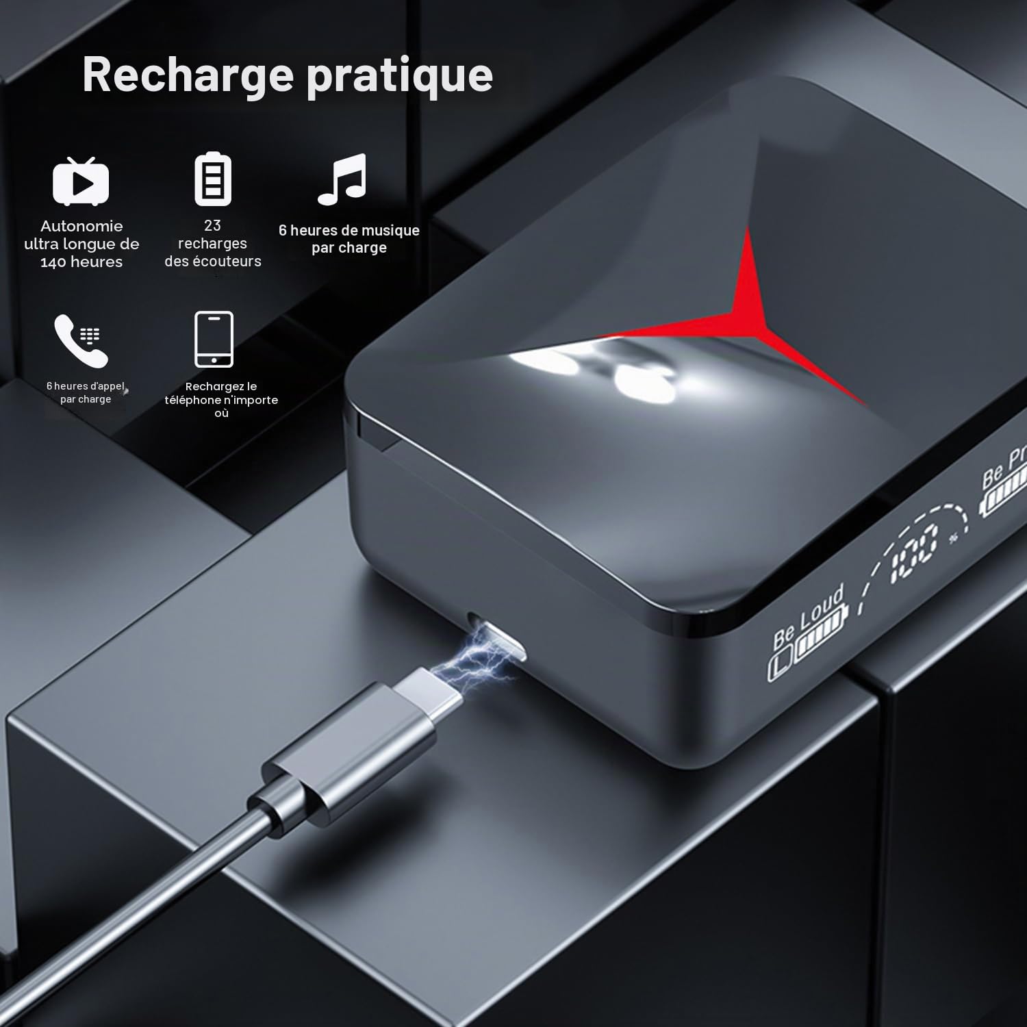 Écouteurs Bluetooth 5.3 In Ear sans fil avec étui de charge et contrôle tactile, design compact IPX7, étanche, écouteurs sans fil, écran LED pour la course et le sport