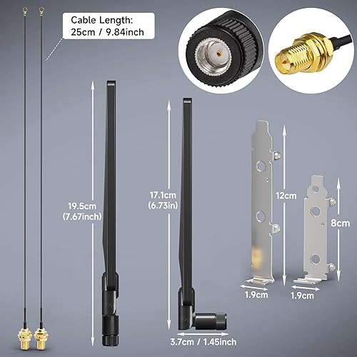 Miniatura 6 de Bingfu Antena WiFi de tres bandas 2.4GHz 5GHz 6E Wifi6 y cable U.FL IPX IPEX a RP-SMA de 8 pulgadas con soporte de ranura PCI para tarjeta de red