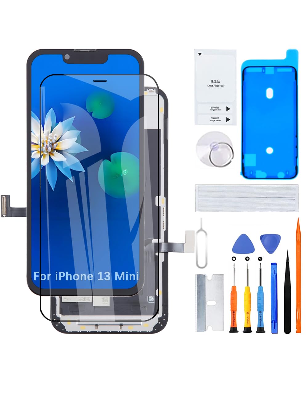 H&LYCYJ Wyświetlacz do iPhone 13 Mini A2628 A2481 A2626 ekran LCD zamiennik ekranu 3D Touch Full HD ekran dotykowy ID digitizer ramka montażowa, wodoodporna adhesive, zestawy naprawcze