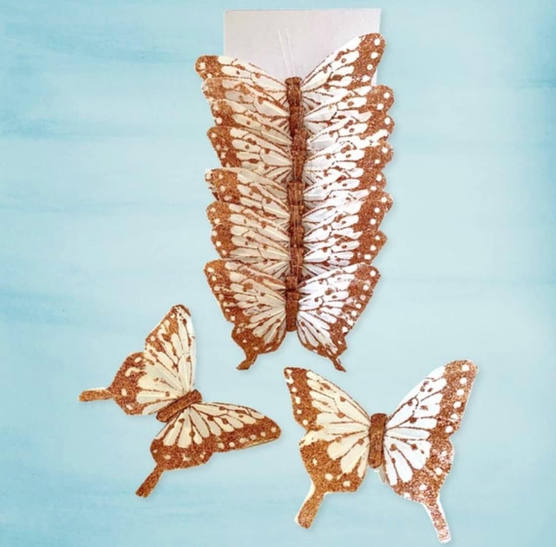 Nature's Net 5" Ivory Rose Gold Glittered Feather Swallowtail Butterfly Set of 12 Faux Butterfly Decoration Floral Picks Artificial Butterfly with Wire Cake Topper Scrapbooking Embellishment