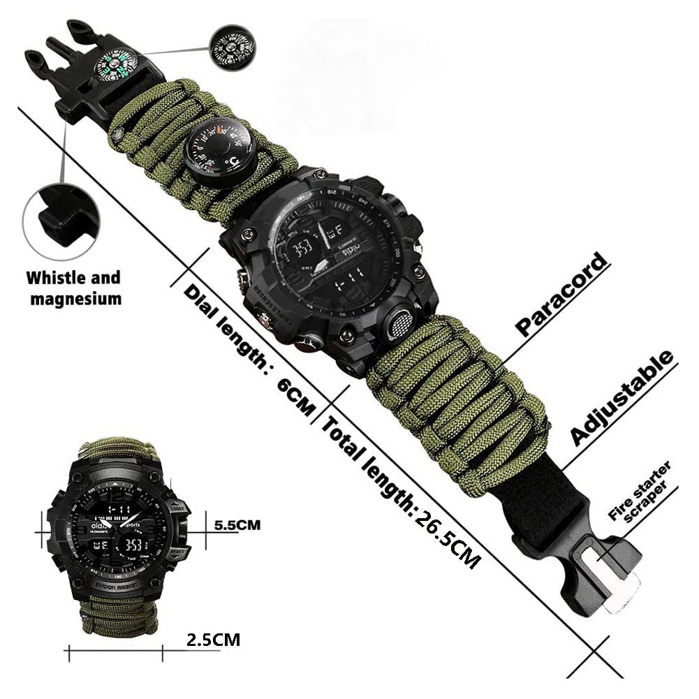 Cyfrowy zegarek na rękę, taktyczne wojskowe zegarki awaryjne unisex z paracord/gwizdkiem/zapalniczką/skrobakiem/kompasem i termometrem, sprzętem zewnętrznym 6 w 1, Zielony, sport