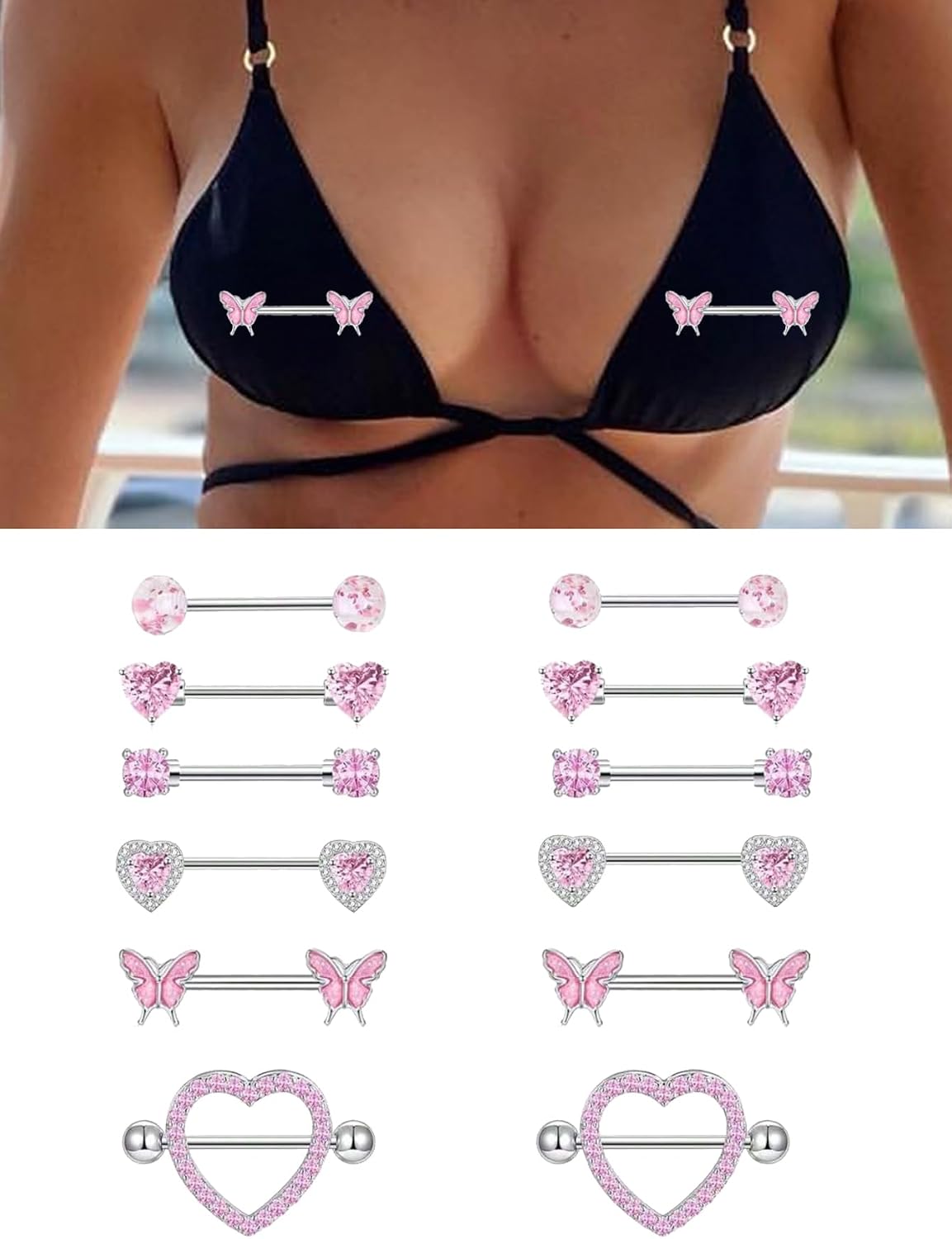 6 Pairs 14G Nipple Rings Stainless Steel Pink Heart Butterfly Flower CZ Barbell Tongue Rings Set Cute Nipplerings Piercing Jewelry for Women Body Piercing Jewelry