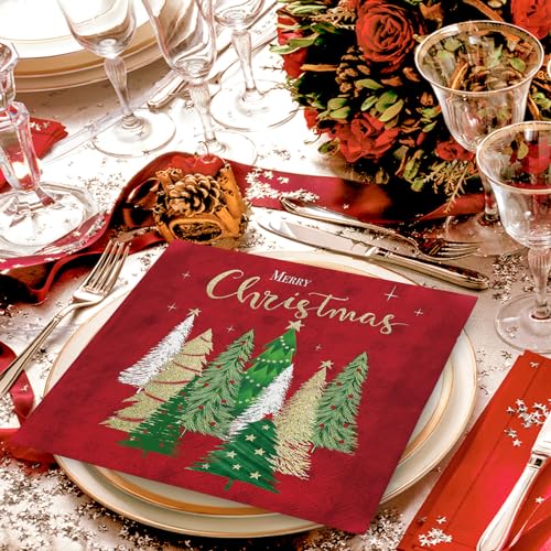 80 Pack Merry Christmas Paper Napkins Red Green Gold Xmas Tree Disposable Party Luncheon Napkins for Christmas New Year Holiday Dinner Party Supplies, 6.5 x 6.5 Inch – Image 5