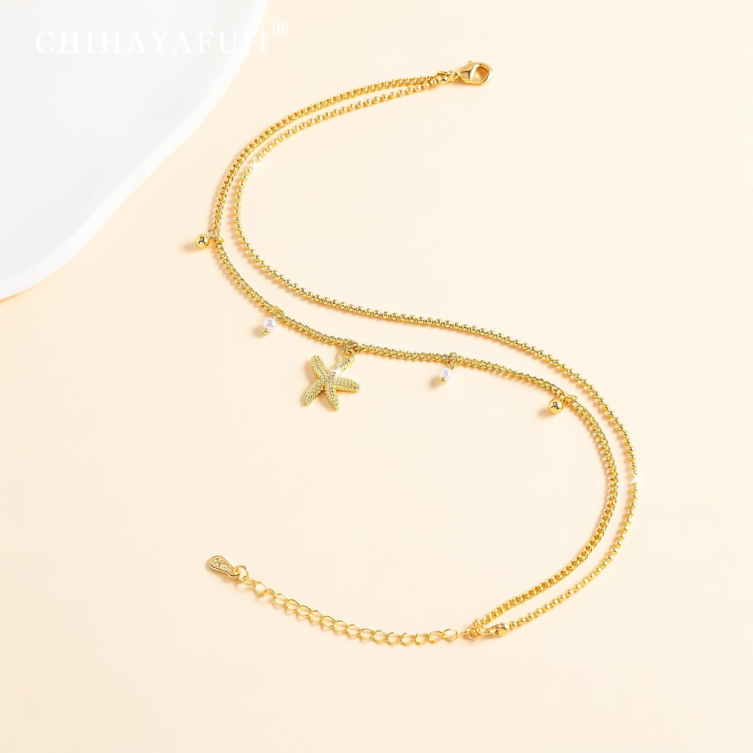 Sterling Silver Ankle Bracelets for Women 14k Gold Plated Waterproof Dainty Layered Stackable Seashell Pearl Charm Non Tarnish Adjustable Anklet for Summer Beach Jewelry Gift