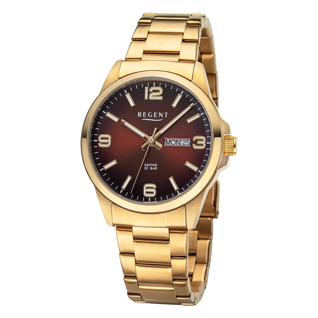 REGENT Orologio da uomo con giorno della settimana e datario 20 ATM, vetro zaffiro F-1530, Marrone dorato.