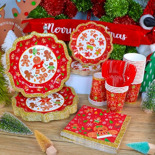 Christmas Gingerbread Party Supplies Serves 24 Party Tableware Disposable Dinner Plates,Dessert Plates ,Paper Cups,Xmas Napkins,Forks,Christmas Party Dinnerware Gingerbread Theme For Xmas Celebration – Image 4