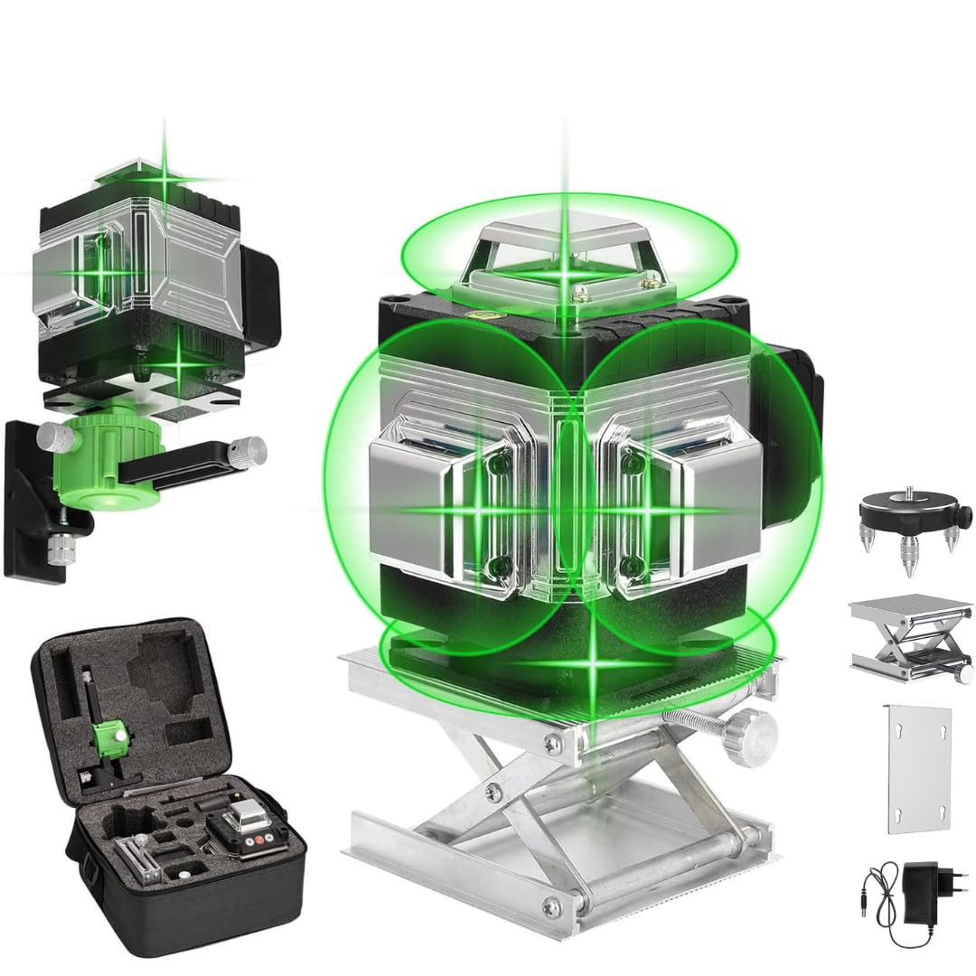 livella laser Autolivellante 360° 4D, Laser 16 linee Cantiere 3° Autolivellante, con 2 Batterie e Supporto Rotante, Incluso Treppiedi 1.2m con 3 Altezze Regolabili, Telecomando e Valigetta Inclusi.