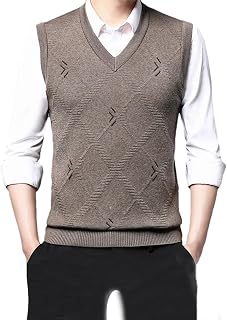 Men Knitted Vest Sweater Solid Color V-Neck Collar Sweater Vest Daily Warm Argyle Sweater