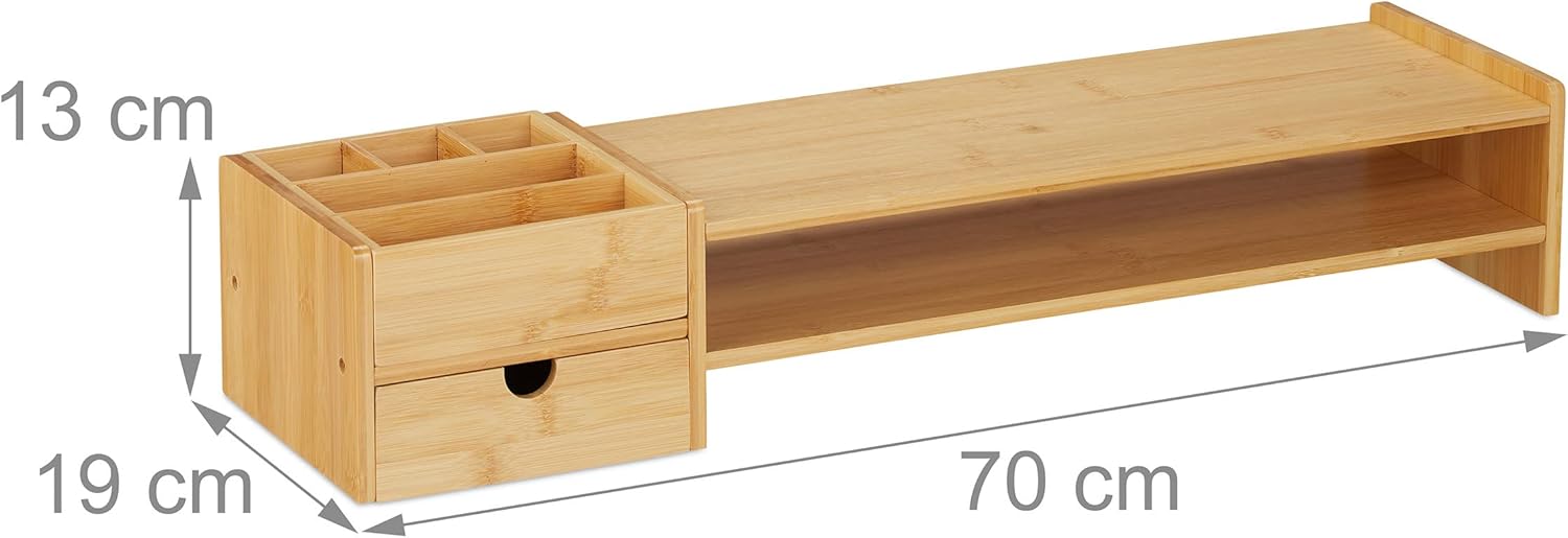 Relaxdays, 5 Compartments, Screen Raiser Desk, HWD: 16 x 57.5 x 25 cm, Work Base, Natural Bamboo Monitor Stand