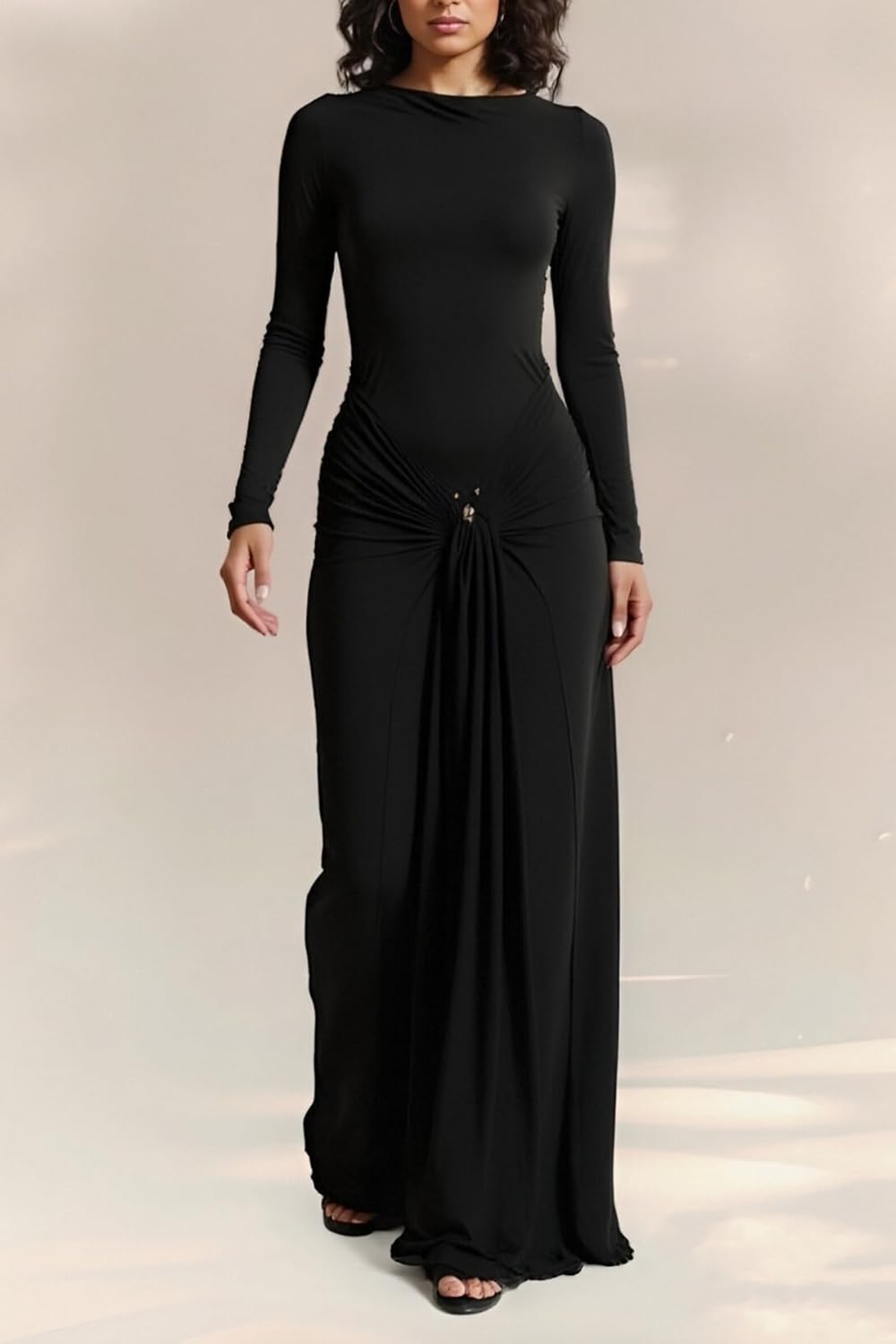 Vakkest Women's Bodycon Formal Maxi Dresses Long Sleeve Crewneck Elegant Wrap Tie Front Dress Wedding Guest Outfits - Image 3