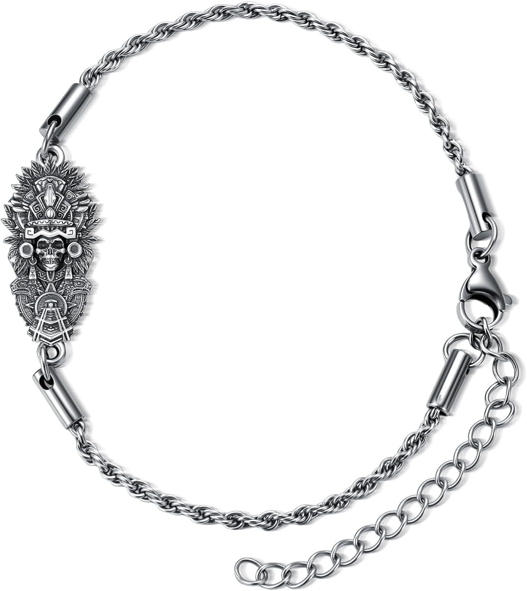 PELOVNY Skull Bracelet 925 Sterling Silver Aztec Bracelet Mictlantecuhtli Tezcatlipoca Anklet Jaguar Warrior Mayan Mecixo Jewelry Christmas Birthday Gifts for Men Women