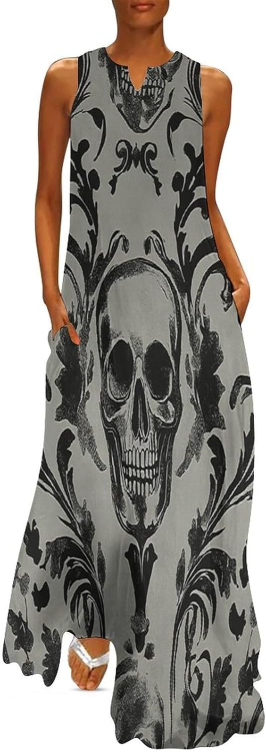 Women Sleeveless Maxi Dress, Skull Flower Summer Casual Long Dress, Gothic Style Plus Size Beach Dresses