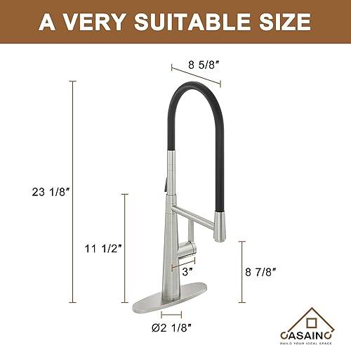 Miniatura 6 de CASAINC Grifo de cocina de níquel cepillado, grifo de fregadero de cocina de una sola manija de 23 pulgadas de alto con 2 modos de apertura, grifo