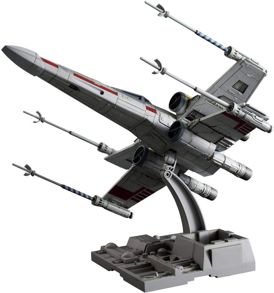 Revell (Bandai Original) 01200 Star Wars X-Wing Starfighter (Luke Skywalker) 1:72 Scale Unbuilt/Pre-Coloured/Clip-Together (Non-Glue) Plastic Model Kit with Display Base, Grey/Red
