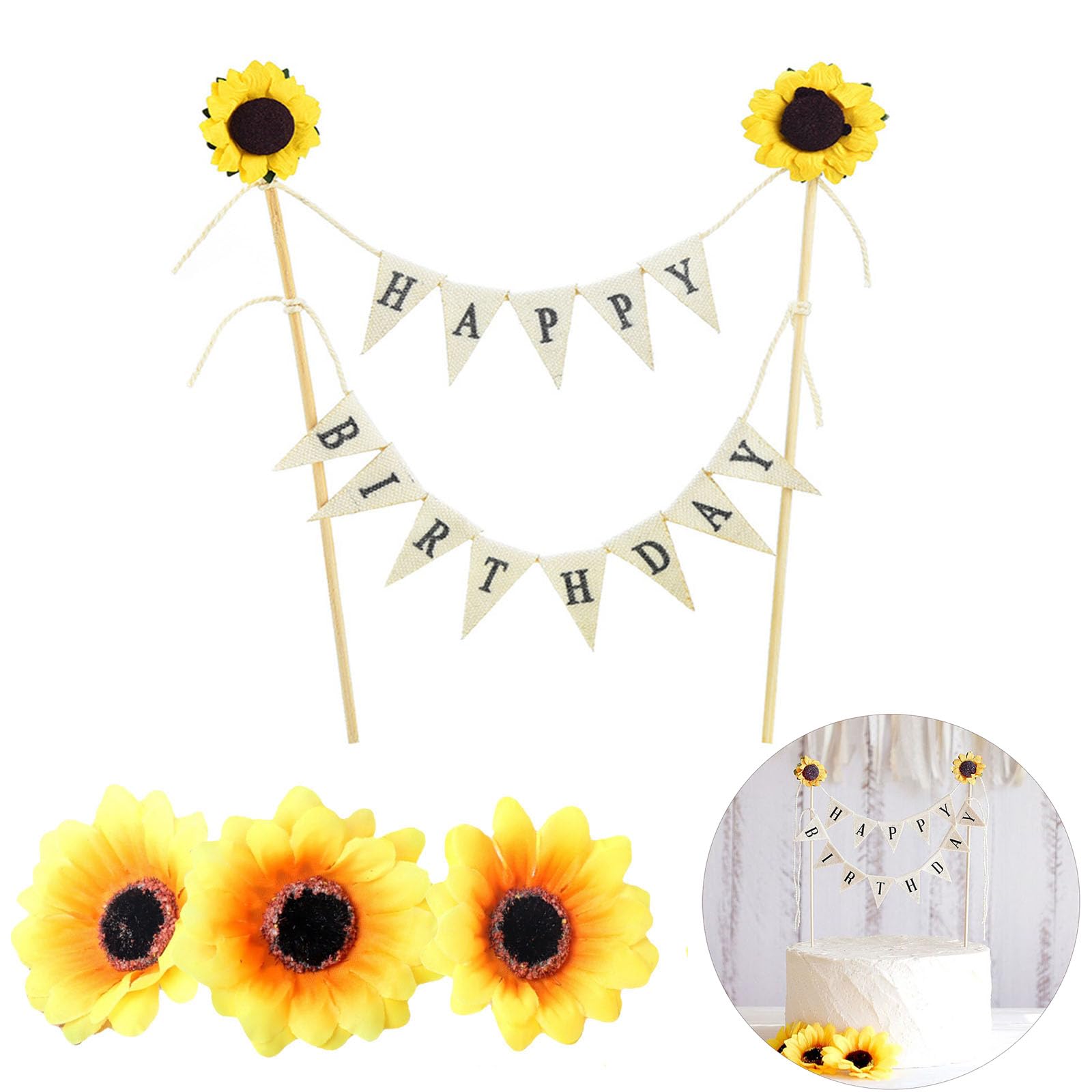 Happy Birthday Cake Banner,1Pcs Cake Bunting Topper +3Pcs Sunflowers,Cake Bunting Topper Garland Handmade For Birthday Party Anniversary Cake