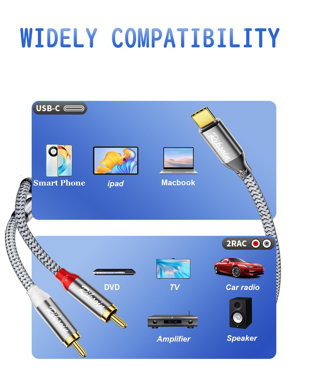 Kabel audio USB C do RCA, 4FT/1,2 m typ C do 2RCA Stereo Adapter Cable with Magnetic Ring Compatible with iPhone 15 Series, Home Theater, DVD, Amplifier, Speaker, Car Radio