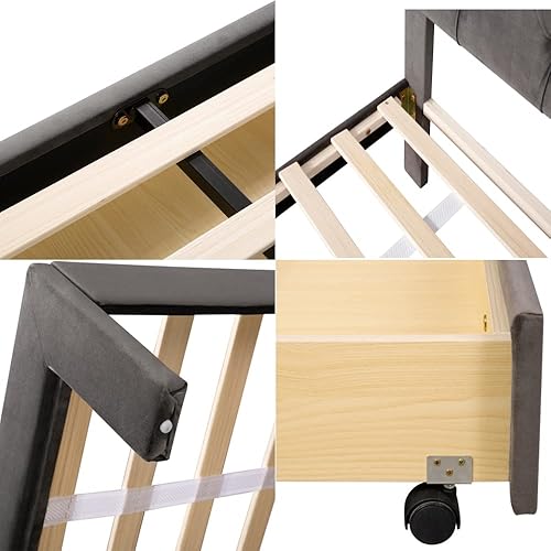 Miniatura 3 de Marco de cama moderno tapizado de terciopelo con cabecera copetuda con botones y patas centrales para adultos, marco de cama de almacenamiento