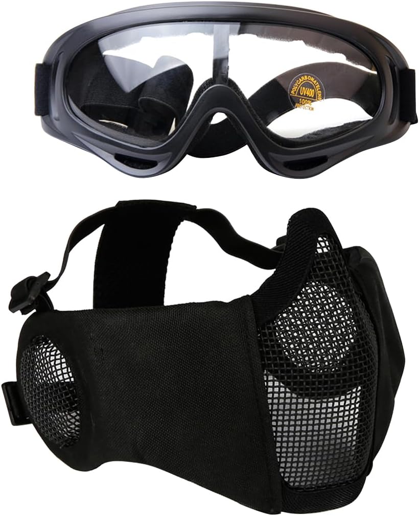 Protective Half Face Mesh Mask with Adjustable Airsoft Goggles for Outdoor Use