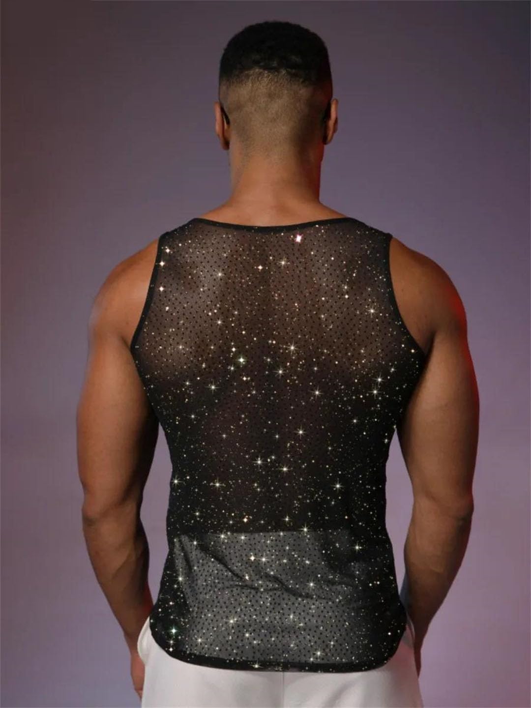 Men Tank Tops Mesh Sequin Sleeveless Crop Fit Festival Performance Vest