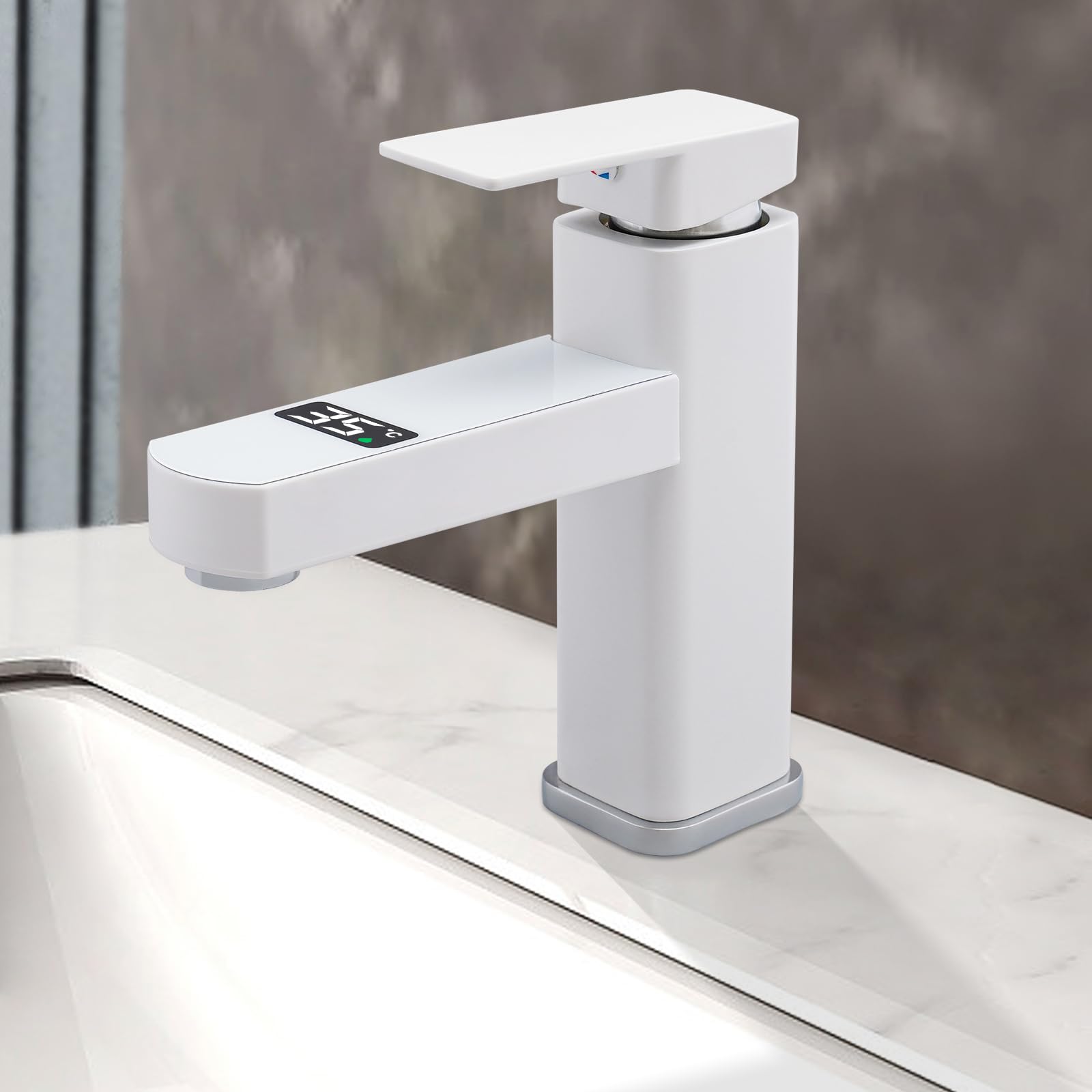 Cyfrowy kran ze wskaźnikiem temperatury LED, jednouchwytowy mikser do ciepłej i zimnej wody, wkład ceramiczny, perlator powietrza, przyłącze G1/2", do kuchni, łazienki, umywalki – biały