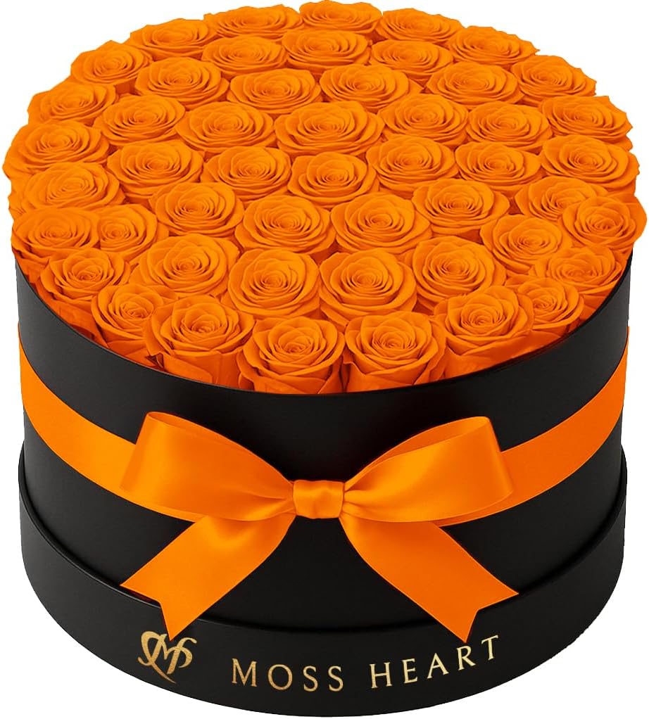 50 Preserved Roses, Forever Flowers for Delivery in Designer Round-Shaped Box, Petite Long-Lasting Buds, for Women, Eternal Rose Bouquet for Mothers Day, Girlfriend's Birthday