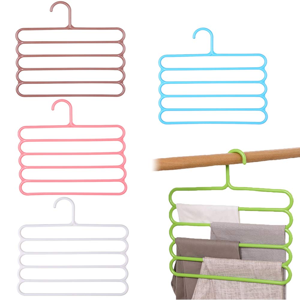 Lwzko Style A Clothes Hangers - Pants, 5 Pieces Multi-Layer Pp Plastic, 5 Layers Multi Pants Hanger, Jeans Rack, Space Saving, Non-Slip, For Pants, Scarves, Ties, Towels (5 Colors)