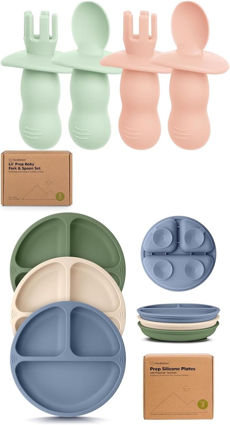 Keababies 4-Pack Silicone Baby Spoons and Forks Set and Suction Plates for Baby, Toddler - Baby Spoon Self Feeding, BLW Baby Utensils - 3-Pack 100% Silicone Divided Baby Plates with Suction