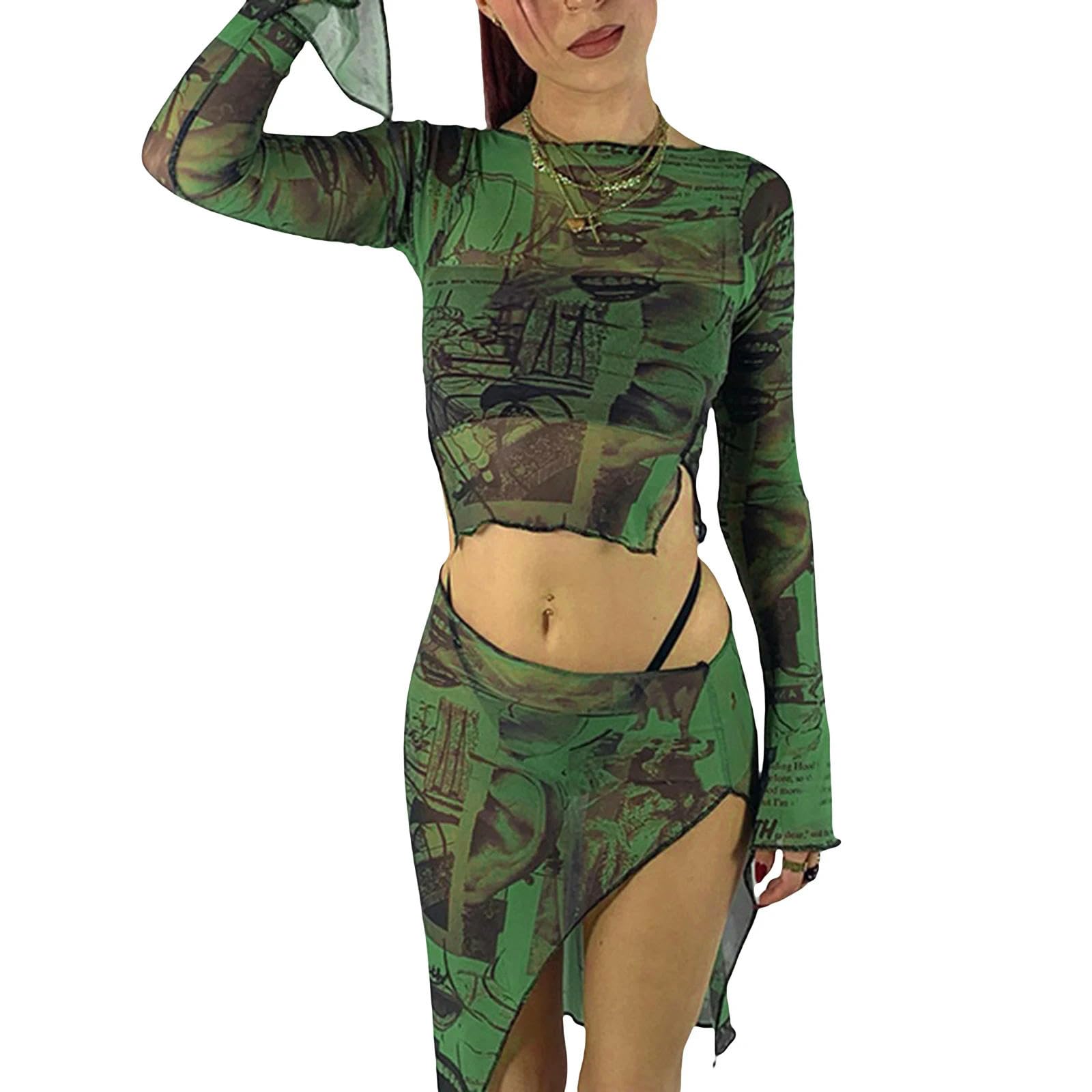 Frauen Casual Sommer Y2K Druck Voll Grunge Mesh Schlitz Flare Ärmel T-Shirts Trend Dünne Tees Crop Top Streetwear-AS