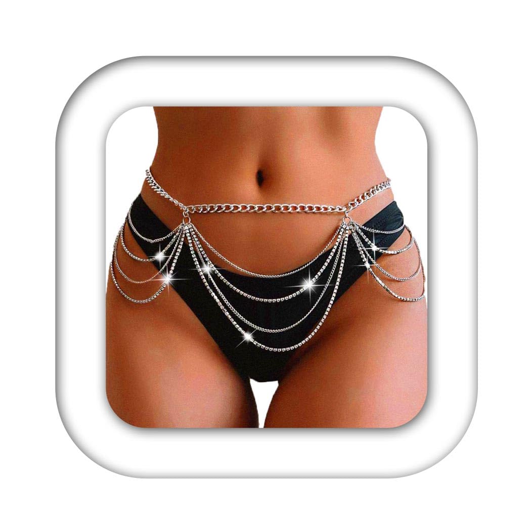 1 Pcs Premium Silver Waist Chain Belts Rhinestone Layered Belly Chain Fashion Rave Chain Jewelry for Women-image-21