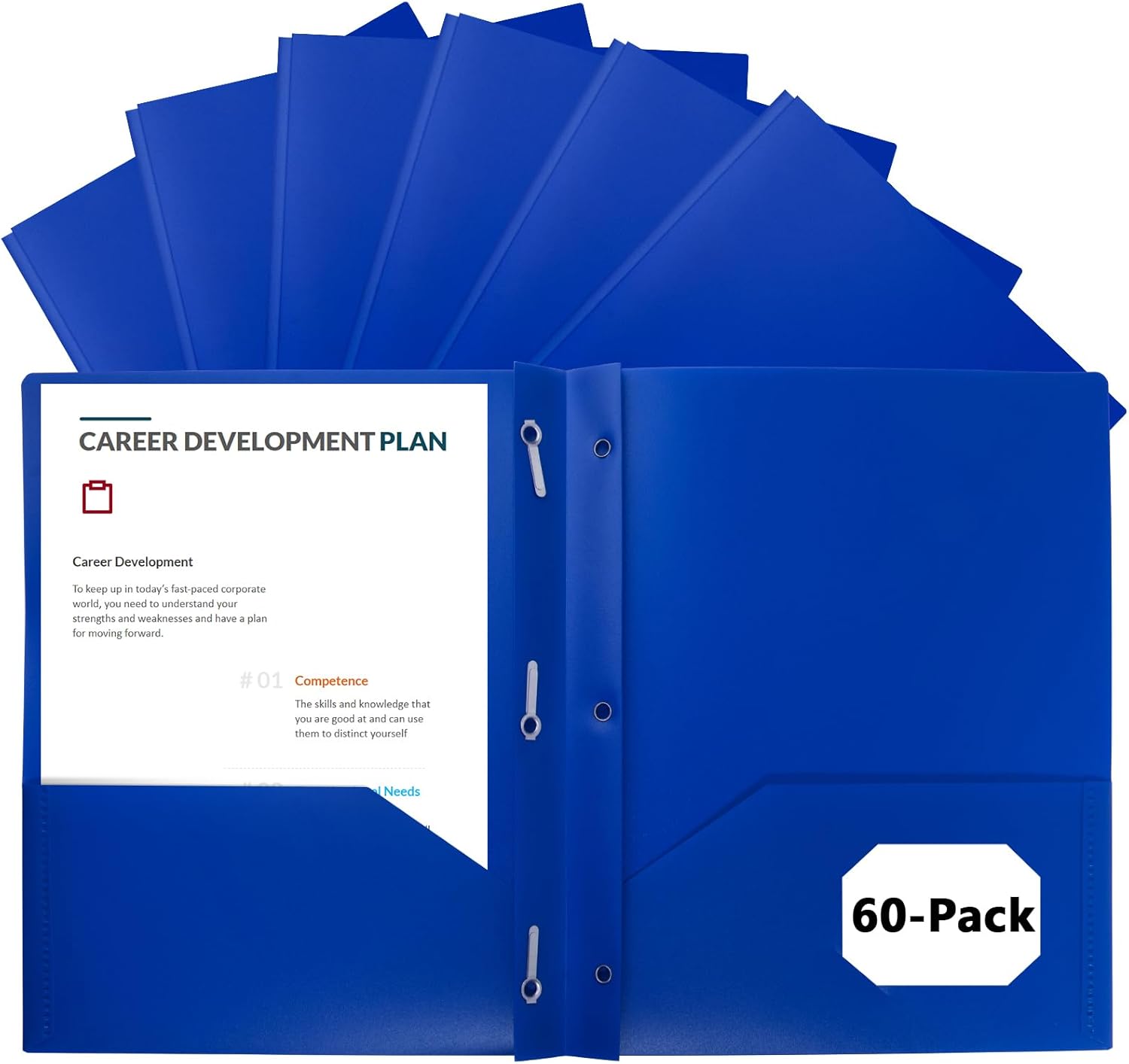 60-Pack Plastic Folders with Pockets and Prongs,2-Pocket Poly Folders with 3 Fasteners Holds 8-1/2" x 11" Paper for School/Office/Home, Blue