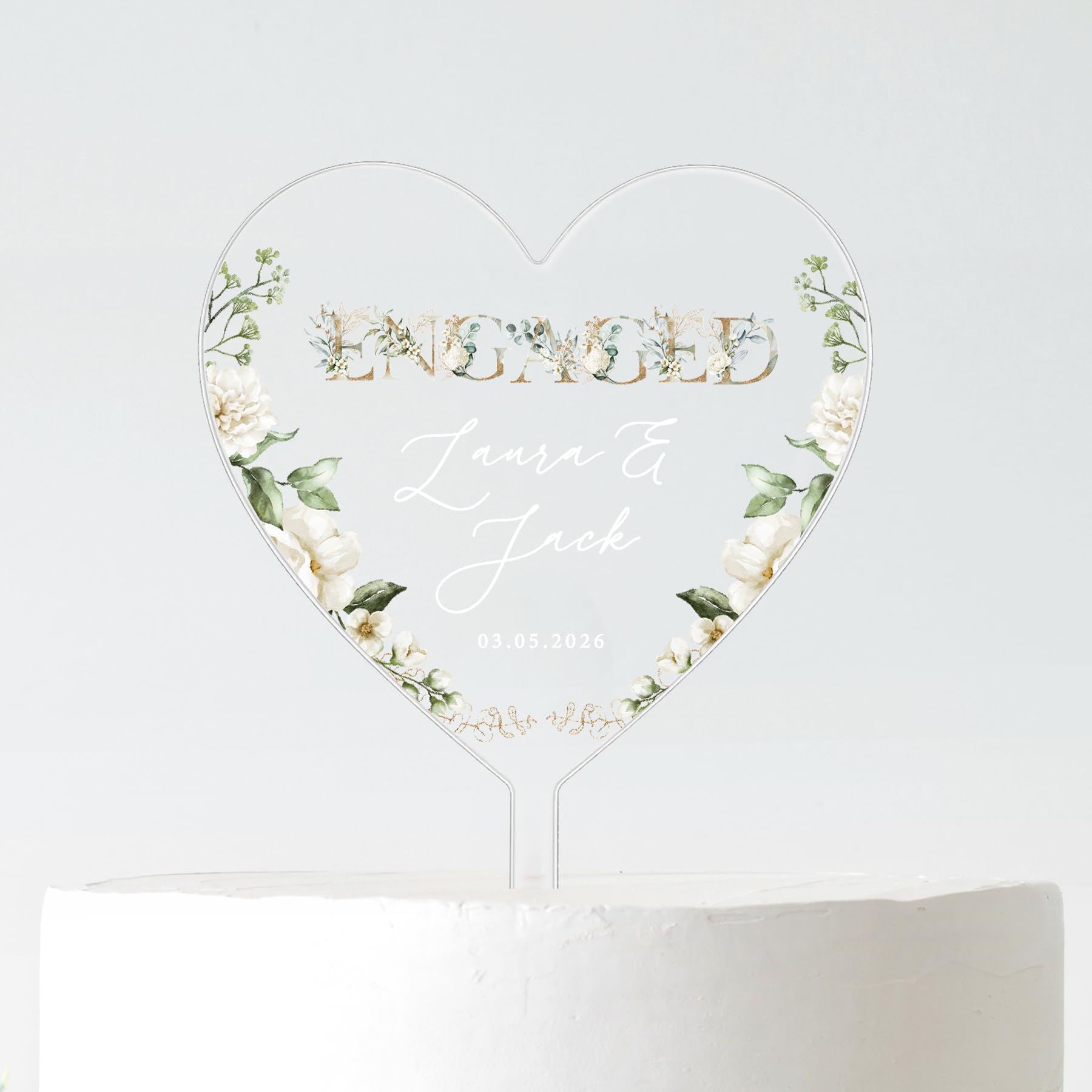 Personalised Engagement Cake Topper – Frosted 3mm Acrylic Heart Cake Decoration – Custom Names & Date – Black or White Text – Elegant Floral Engaged Design – 10cm or 12cm (WHITE TEXT, 12CM)
